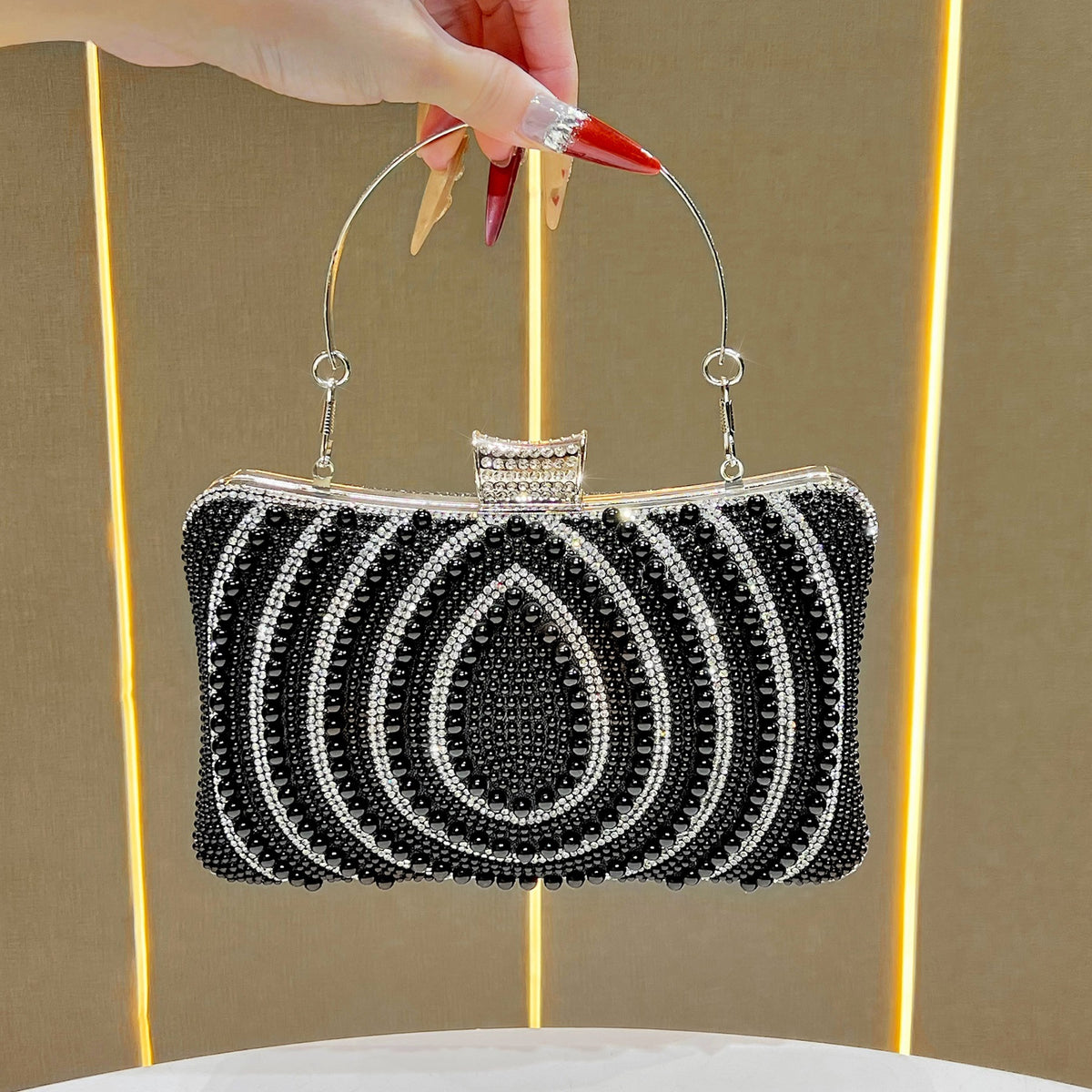 Elegant Pearl-Embellished Evening Clutch for Women, A Small Versatile Top-Handle Crossbody Bag with Shoulder Strap, Perfect for Banquets Weddings & Formal Occasions