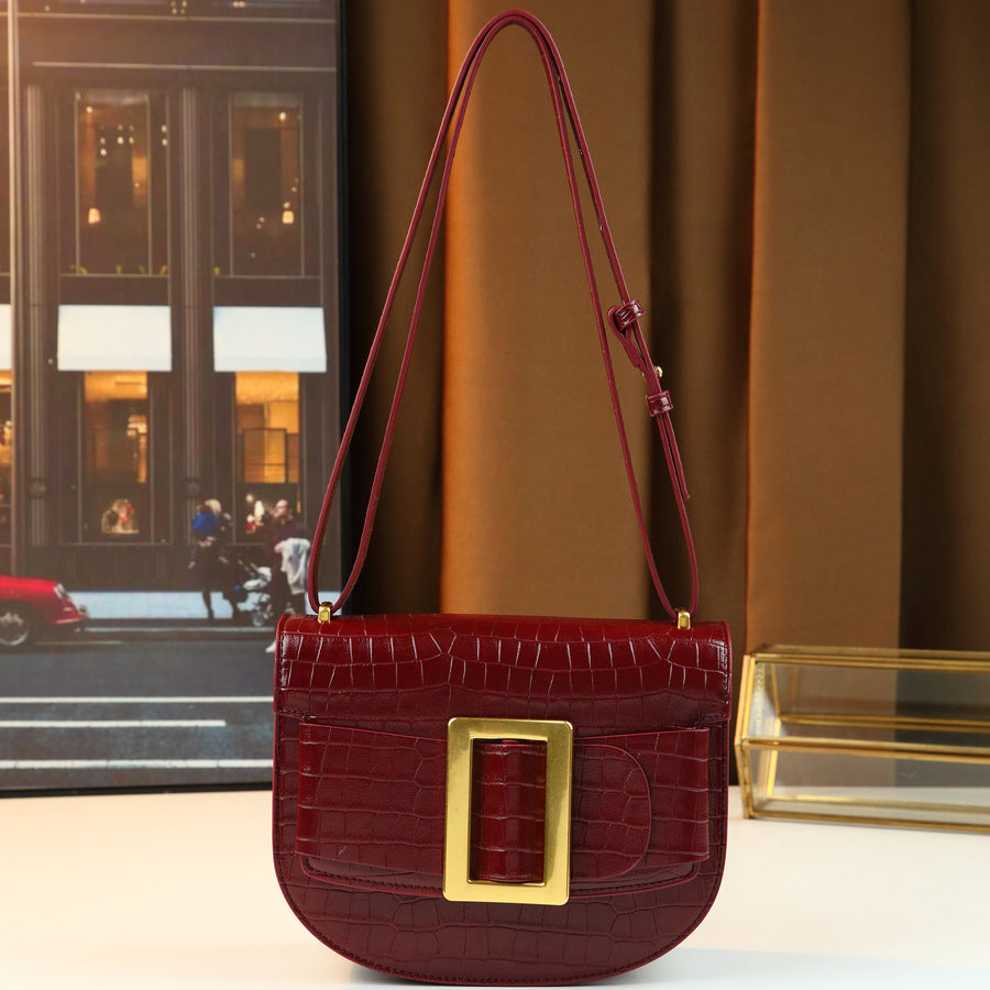 Chic Vintage Croc-Effect Saddle Bag for Women, A Light Luxury Square Buckle Embossed Shoulder Crossbody Handbag with Textured Premium Design