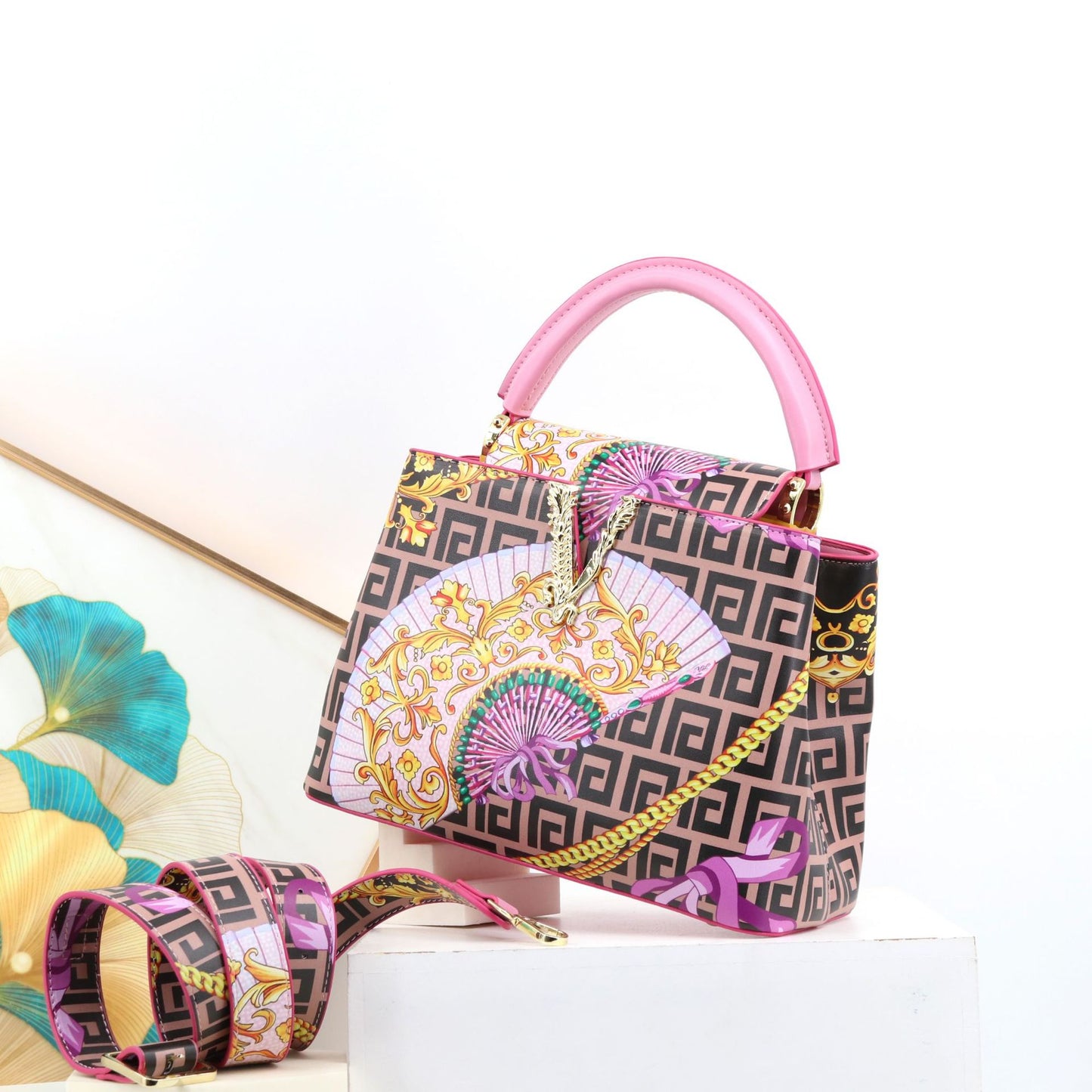 Genuine Leather Fashionable Printed Handbag, Top Handle Crossbody Purse for Ladies