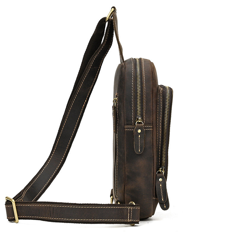 Crazy Horse Leather Chest Crossbody Bag, Casual Shoulder Pouch, Commute Outdoor Travel Pack for Men