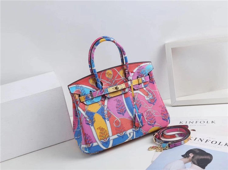 Genuine Leather Graffiti Print Birkin-Style Handbag for Women, New Casual Top Handle Shoulder Crossbody Purse, European Classic Trendy Tote Bag for Ladies