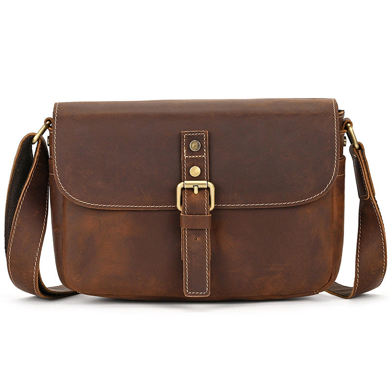 Crazy Horse Leather Flap Crossbody Shoulder Bag, Top Layer Cowhide Outdoor Casual Pouch for Men