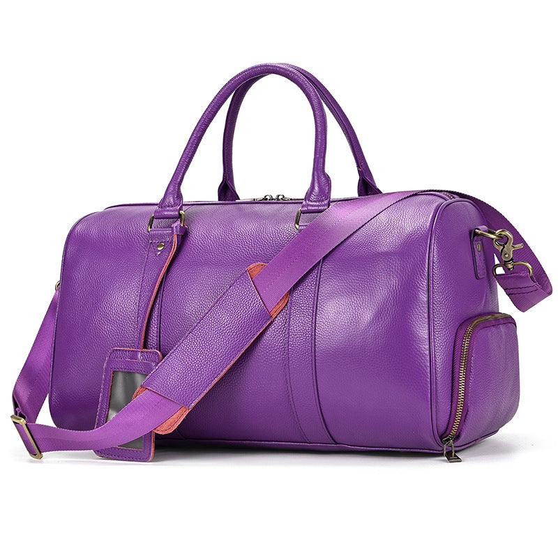 Blue Purple Vintage Pebbled Leather Travel Duffle, Large Gym Bag with Shoe Compartment, Fashionable Top Handle Weekender for Men