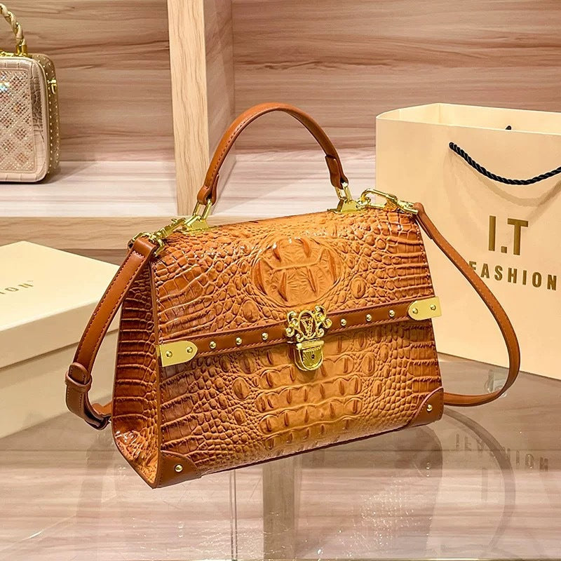 Genuine Leather Crocodile-Embossed Lock Buckle Handbag for Women, New Fashionable Versatile Shoulder Crossbody Purse, Trendy Bag for Ladies