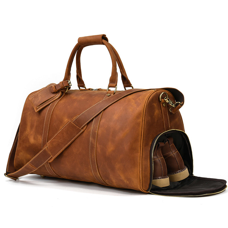 Vintage Crazy Horse Leather Large Capacity Travel Duffle with Shoe Compartment, Top Handle Gym Bag, Premium Cowhide Weekender for Men