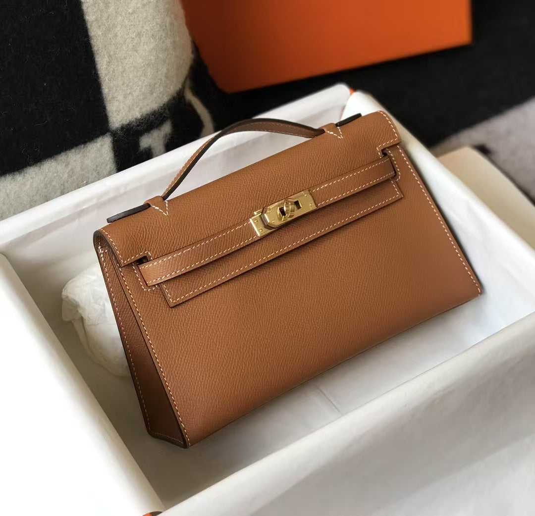 Genuine Top Layer Epsom Palm Texture Cowhide Kelly-Style 22cm Bag for Women, Trendy Street Style Small Square Top Handle Purse, Fashionable Handbag for Ladies
