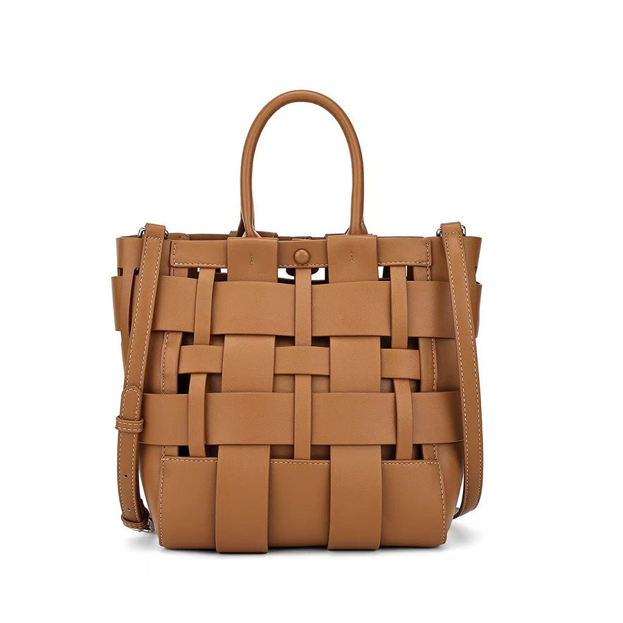 Hollow Woven Bucket Bag for Women Large Capacity Commuter Shoulder Crossbody Handbag, Versatile Trendy Purse with Natural Woven Texture