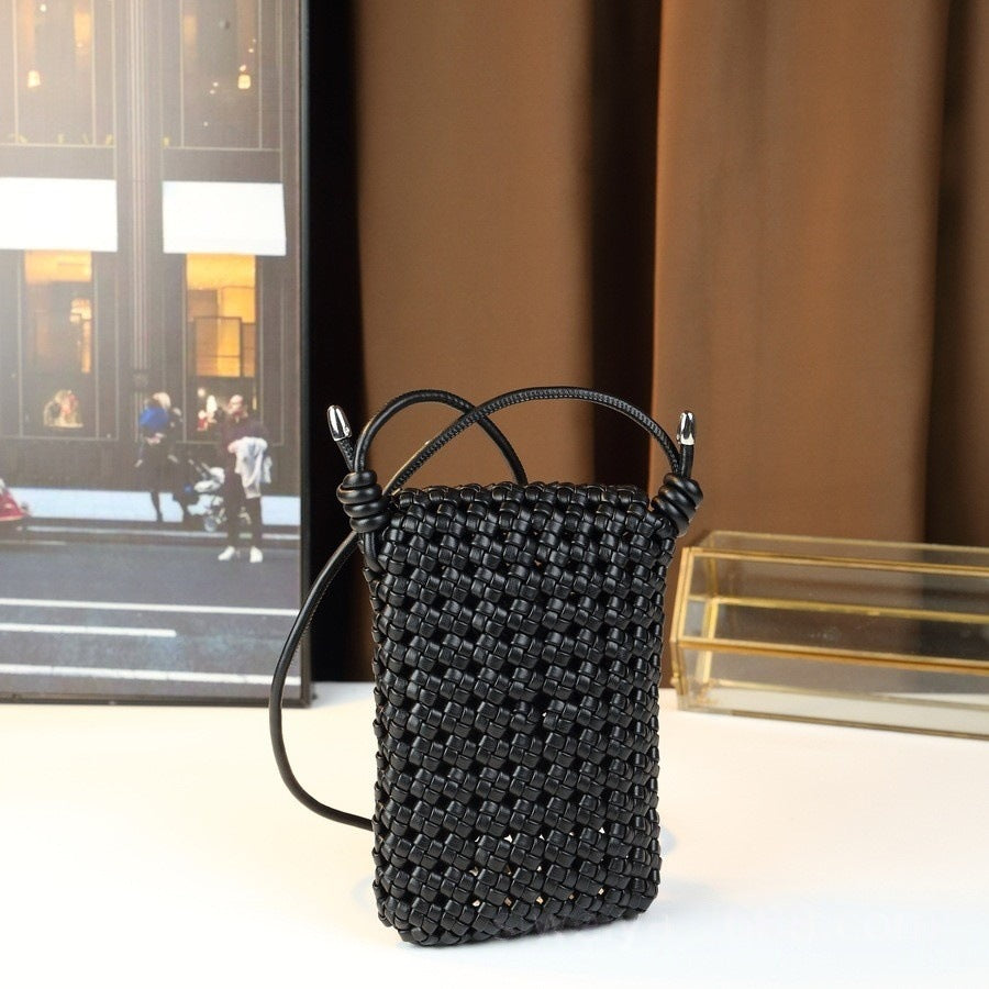 Handwoven Hollow Phone Bag for Women Niche Shoulder Crossbody Mini Purse, Fashionable Small Bag with Artisan Woven Texture