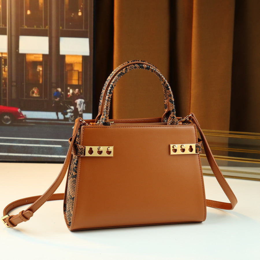 Snakeskin Mini Boston Bag for Women Vintage Lock Clasp Top Handle Shoulder Crossbody Purse, Trendy Exotic Texture Handbag with Creative Clasp Design
