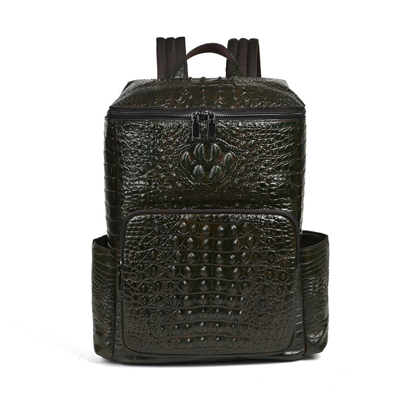 Men's Vintage Crocodile Embossed Waxed Leather Backpack Genuine Top Layer Cowhide Casual Minimalist Travel Laptop Bag