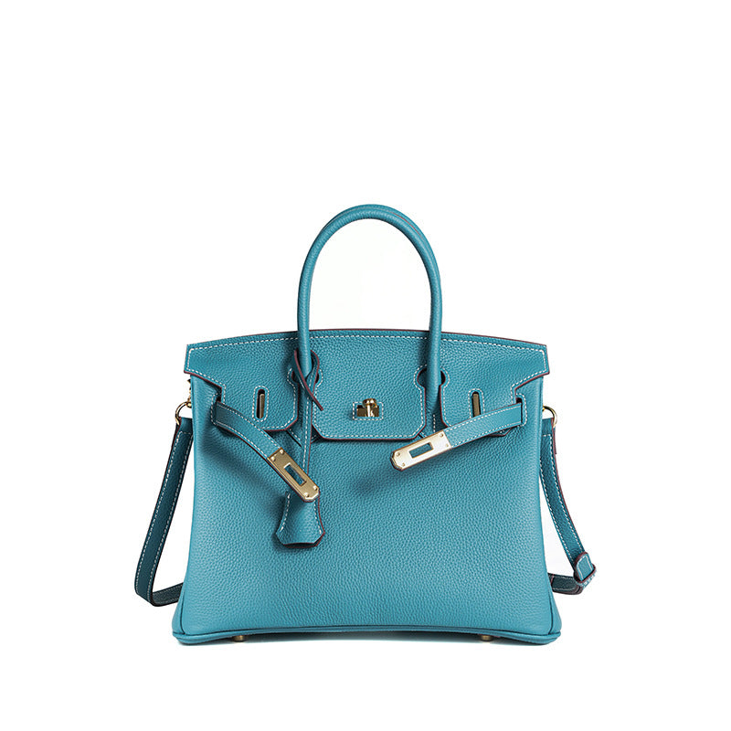 Handcrafted Waxed Thread Birkin-Inspired Tote Bag for Women, Top-Layer Pebbled Cowhide Leather with Elegant Turn-Lock Closure, Premium Everyday Handbag