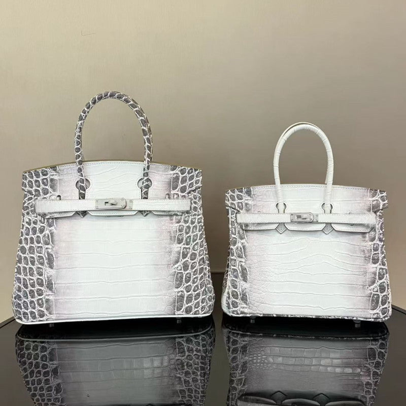 New Arrival Himalayan White Croc-Effect Birkin-Inspired Tote Bag for Women, Premium Genuine Leather Large Capacity Turn-Lock Top-Handle Shoulder Handbag, Perfect for Banquets & Everyday