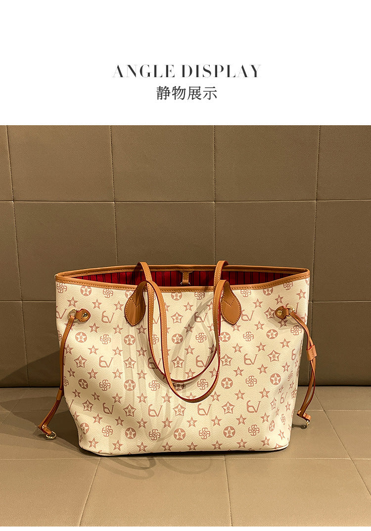 Women's Lightweight Tote Bag with Printed Design & Detachable Pouch, Large-Capacity Commuter Handbag, Light Luxury Minimalist Shoulder Purse for Work, Travel & Daily Errands