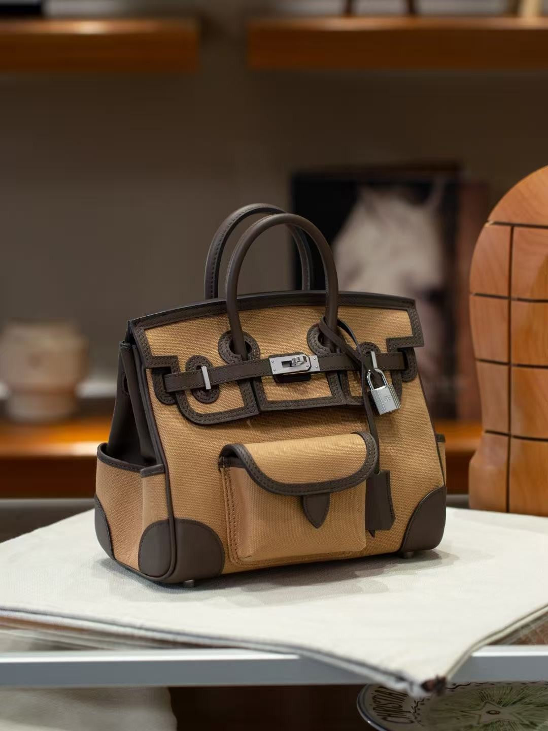 Genuine Leather and Canvas Crossbody Bag for Women, Hermès-Inspired Cargo Birkin-Style Tote Bag with Top-Grain Cowhide Leather Trim, Spacious Versatile Handbag with Top Handle and Shoulder Strap, Luxury Everyday Carry Purse