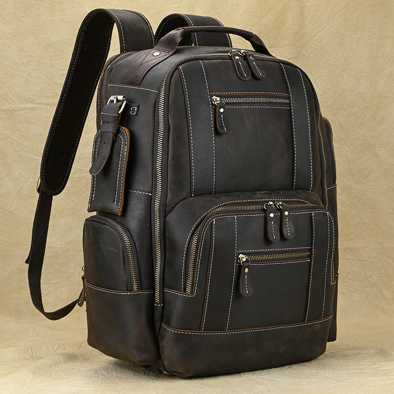 Multifunctional Crazy Horse Leather Large Capacity Backpack, Outdoor Travel School Daypack, Fits 15-Inch Laptop for Men