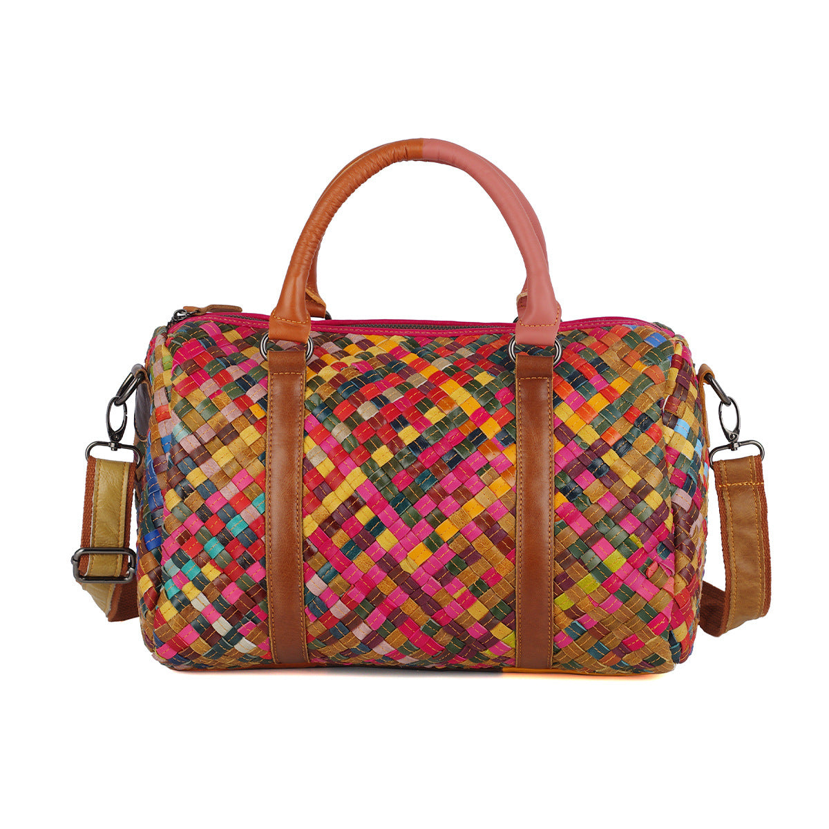 Colorful Color Block Woven Genuine Leather Bag, Ethnic Trendy Shoulder Crossbody Top Handle Purse, Casual Handbag for Women