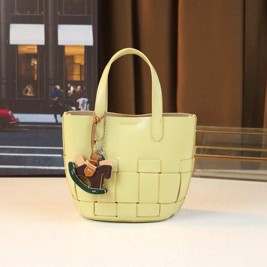 Hollow Woven Bucket Bag for Women Casual Shoulder Crossbody Handbag, Minimalist Picnic Basket Purse with Natural Open-Weave Texture