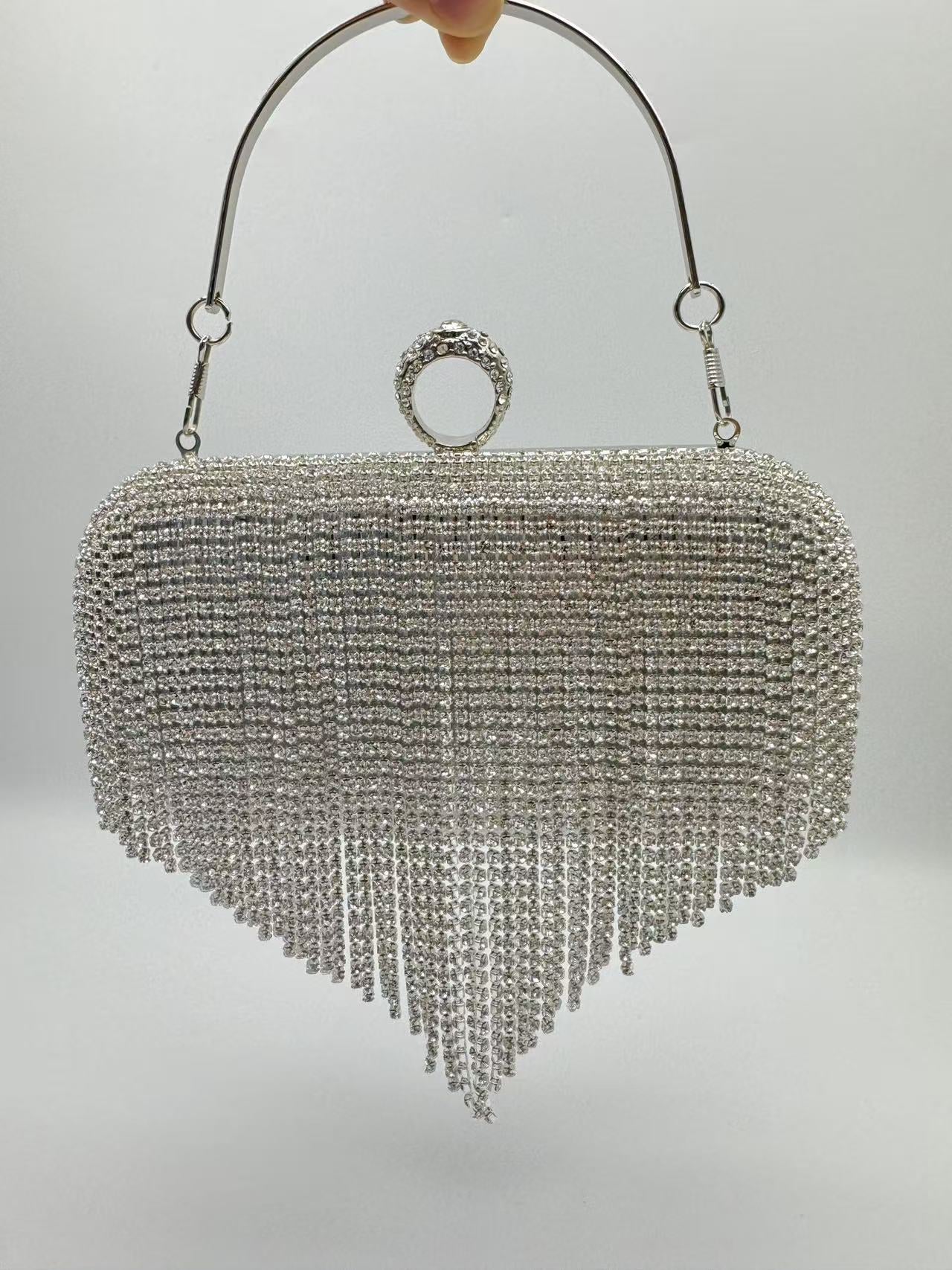 Handmade Tassel Rhinestone Evening Clutch Bag for Women, Small Square Top Handle Purse, Bridal Wedding Party Handbag for Ladies