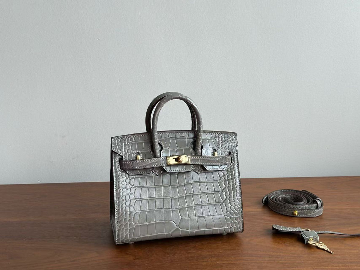 Genuine Top Layer Cowhide Matte Crocodile-Embossed Mini Birkin-Style Bag for Women, Semi-Handmade External Stitching Top Handle Purse, New Premium Handbag for Ladies