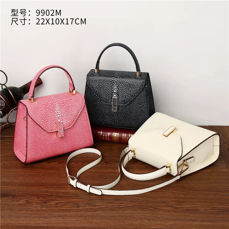 Genuine Leather Starry Pearl Fish Grain Tote Bag for Women Large Capacity Shoulder Crossbody Handbag, Premium Textured Purse with Elegant Design