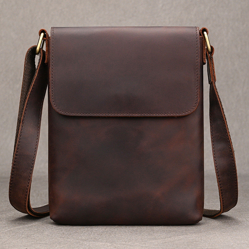 Crazy Horse Leather Small Phone Crossbody Bag, Square Shoulder Pouch, Travel Casual Bag for Men