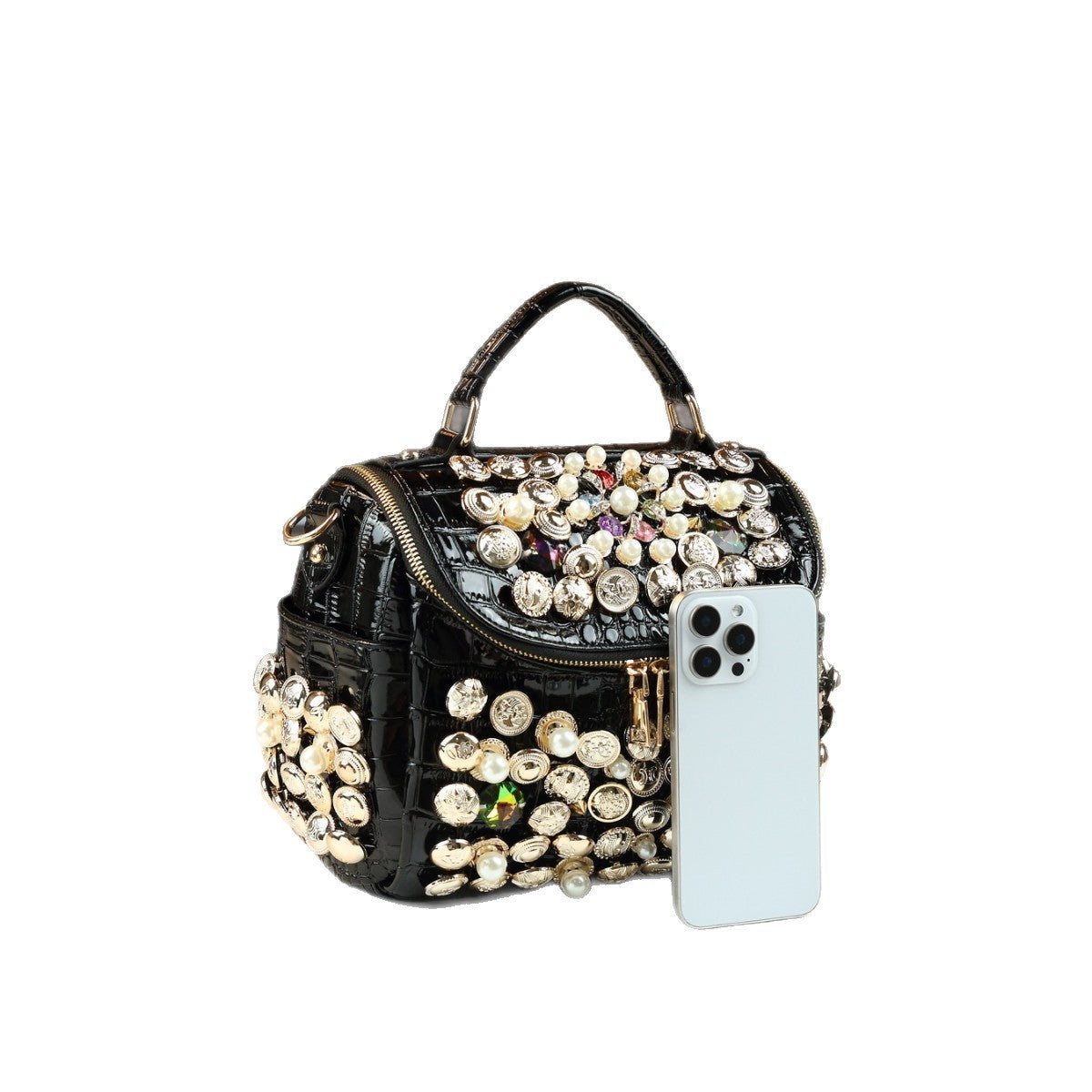 Handmade Beaded Stud Mini Square Bag for Women Shoulder Crossbody Handbag, Edgy Personality Purse with Unique Hardware Accents