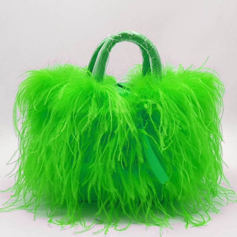Genuine Ostrich Feather Tassel Handbag for Women, Light Luxury Trendy Top Handle Shoulder Purse, Runway Evening Clutch for Ladies