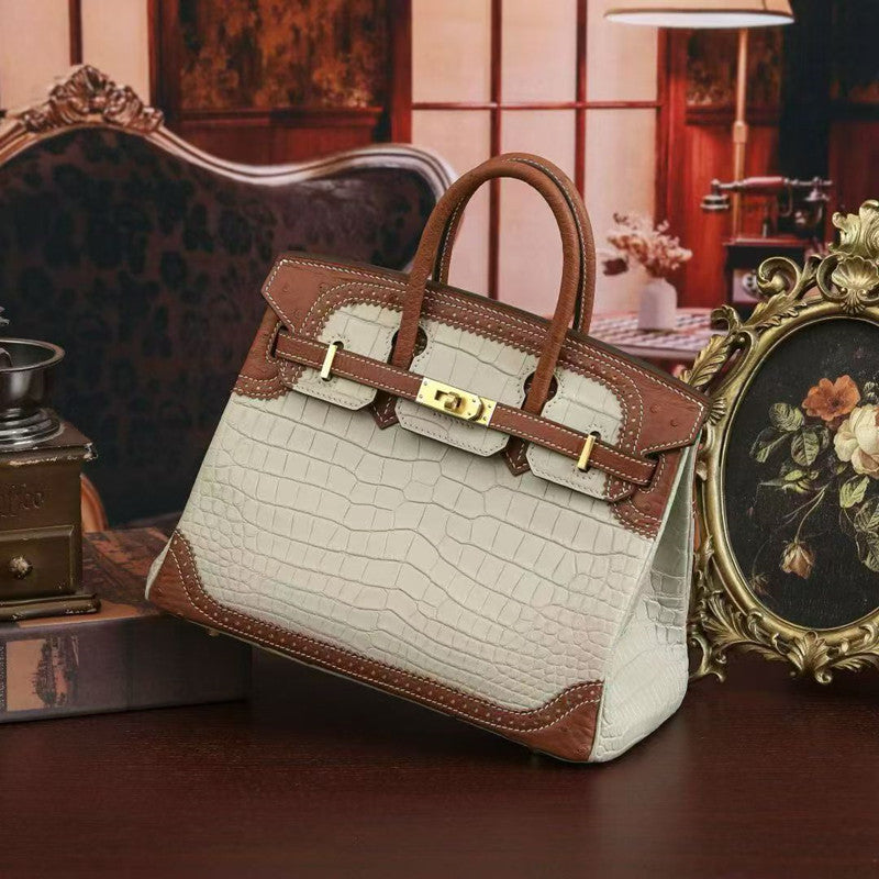 Premium Croc-Effect & Ostrich-Effect Birkin-Inspired Tote Bag for Women, Genuine Leather Large Capacity Business Handbag with Versatile Shoulder Crossbody Carry