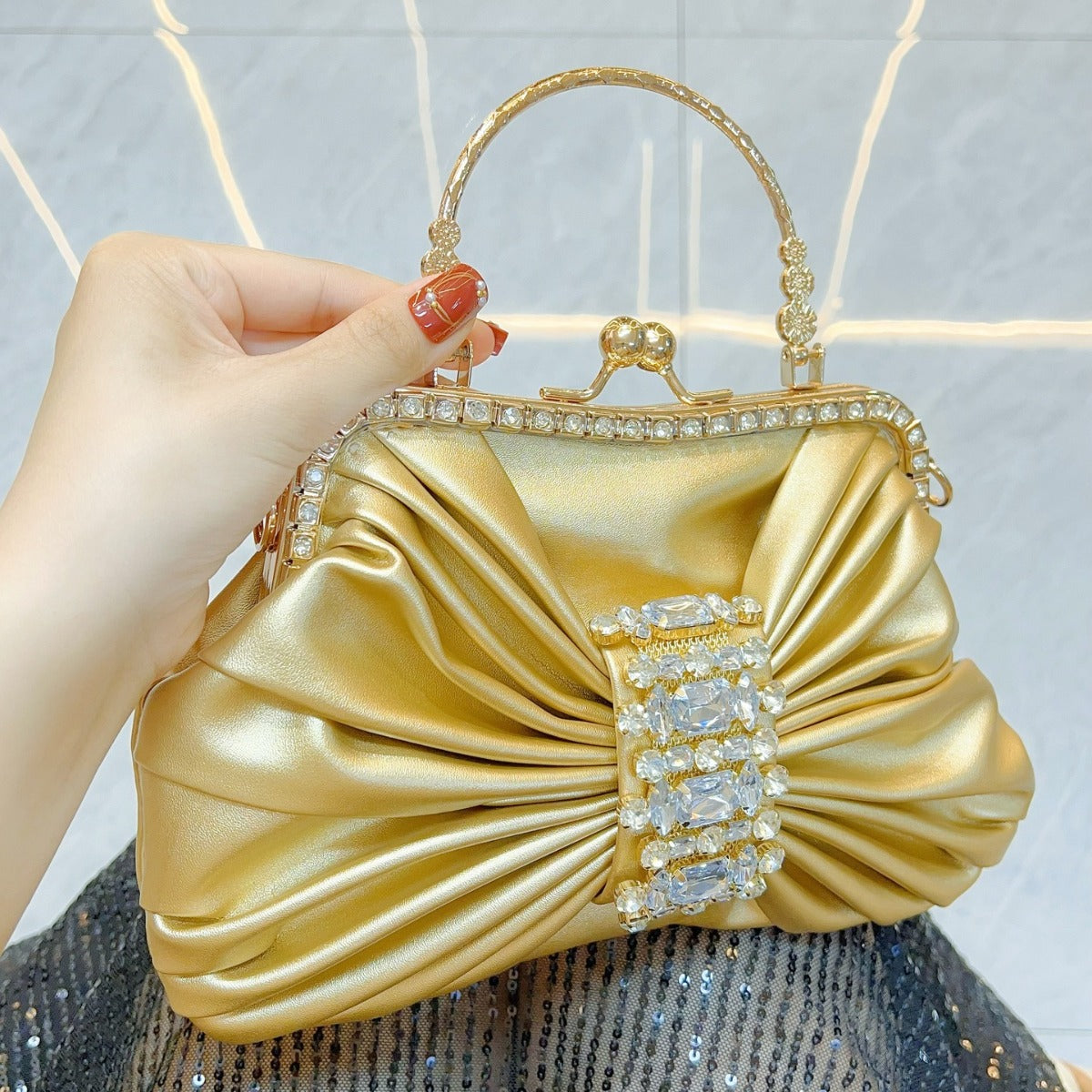 Handmade Rhinestone Kelly-Style Evening Bag for Women, French Fairy Bow Knot Banquet Purse, Sparkly Shoulder Crossbody Clutch for Ladies