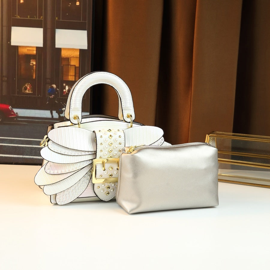 Pearl Stud Wing Boston Bag for Women Gradient Color Shoulder Crossbody Handbag, Trendy Chain Purse with Dragonfly Hardware Accent