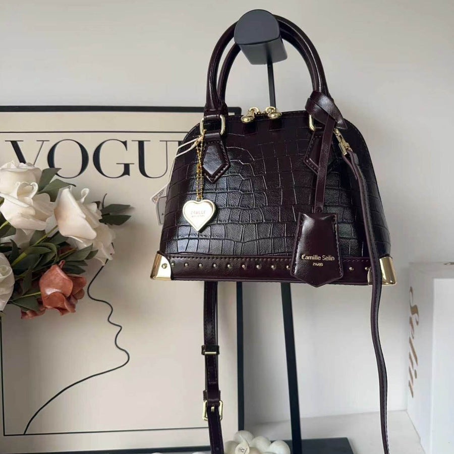 Chic French Style Croc-Effect Shell Bag for Women, A Light Luxury Structured Top-Handle Handbag with Metal Stud Details & Heart Charm, Versatile Shoulder Crossbody Purse