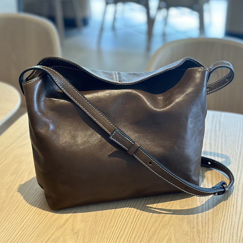 Genuine Vegetable-Tanned Cowhide Bag for Women, New Summer Minimalist Crossbody Purse, Vintage Large Capacity Commute Shoulder Handbag for Ladies