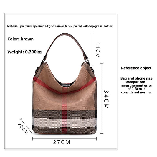 2026 New Premium Leather Trim Canvas Bucket Bag, Large Capacity Casual Shoulder Purse, Trendy Plaid Handbag for Women
