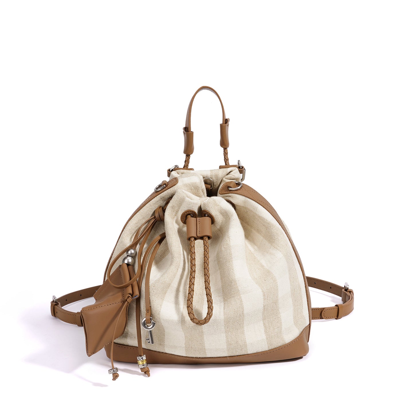 New Niche Drawstring Backpack in Linen & Leather, Large Capacity Commute Travel Daypack, Lightweight Casual Bag for Women