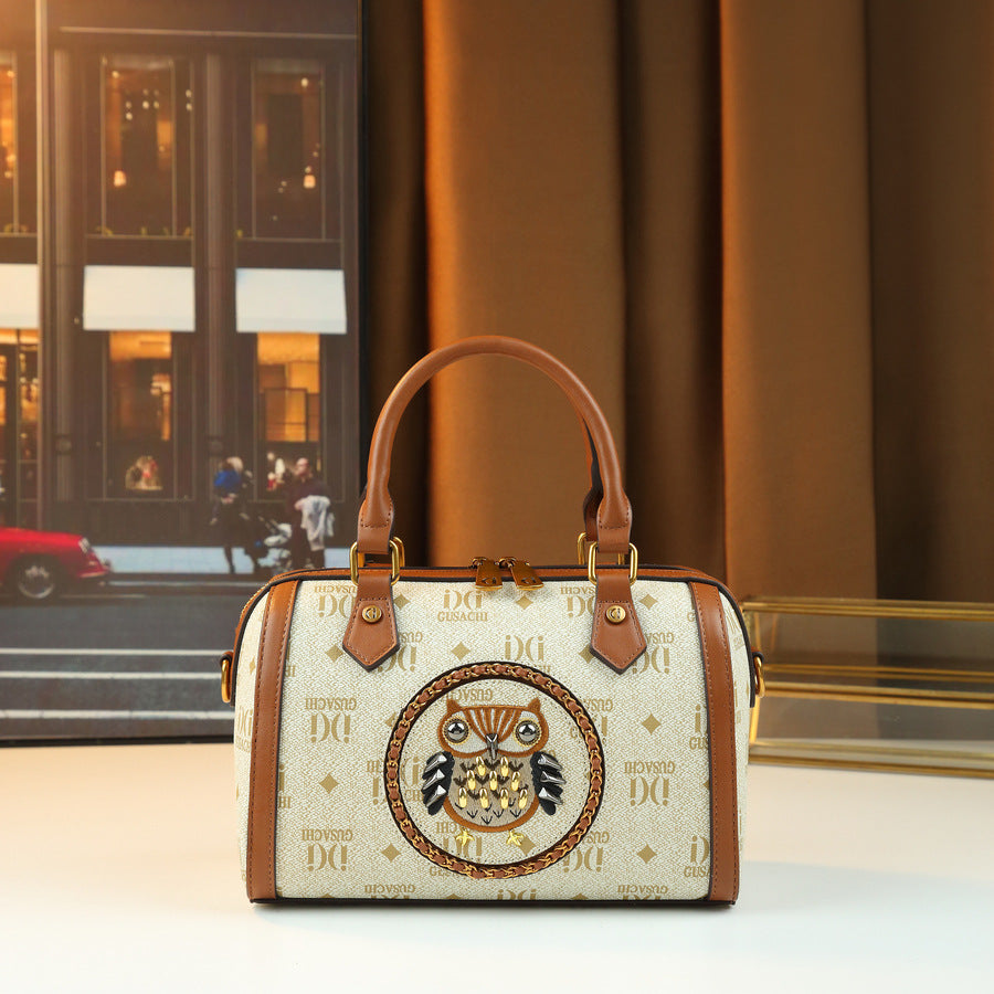 Owl Letter Print Studded Pillow Bag for Women Vintage American Style Shoulder Handbag, Unique Design Purse with Edgy Hardware Accents