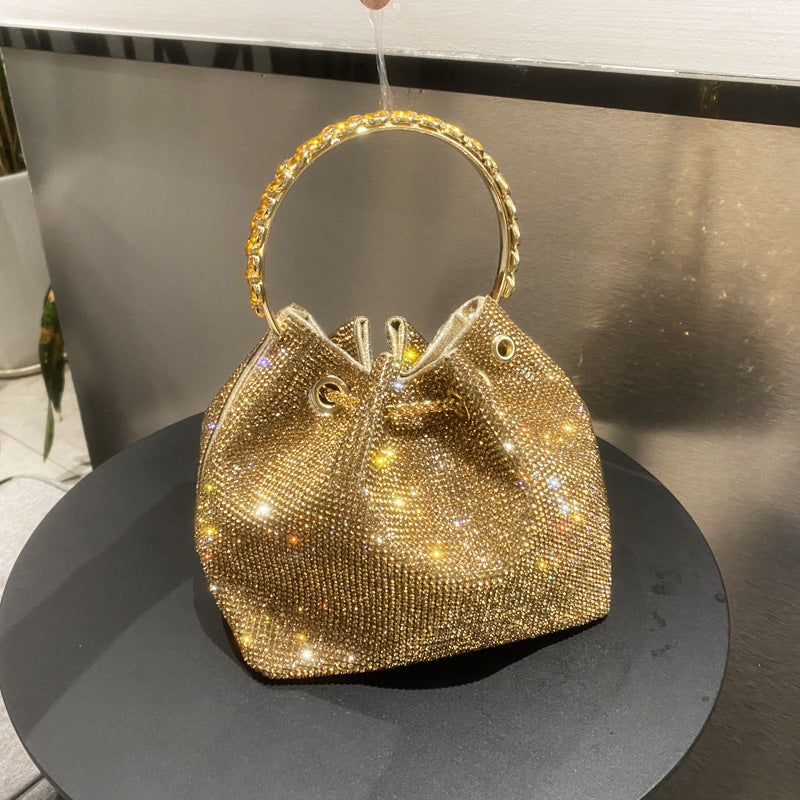 New Rhinestone Bucket Bag with Round Handle, Chain Shoulder & Crossbody Small Diamond Bag