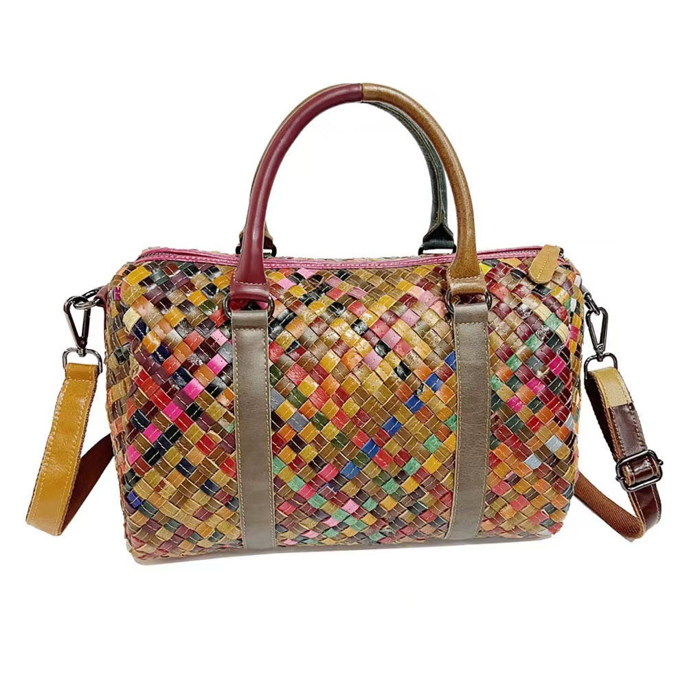 Colorful Patchwork Woven Genuine Leather Tote, Large Capacity Travel Shoulder Crossbody Bag, Designer Handbag for Women