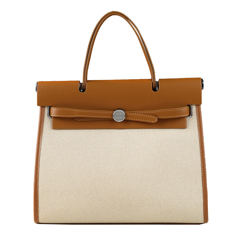 New Arrival Casual Large Canvas Tote Bag for Fall/Winter, A Contrast Color Top-Handle Commuter Shoulder Handbag with Elegant Kelly-Inspired Style
