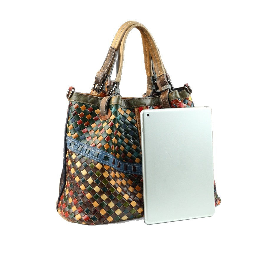 Vintage Woven Tote Bag for Women Top Layer Cowhide Large Capacity Shoulder Crossbody Handbag, Fashion Purse with Artisan Texture