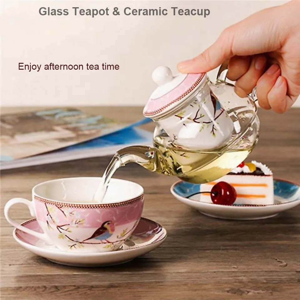 Flower Tea Pot Ceramic Teacup Saucer Heat Resistant Glass Teapot Filter Porcelain Office Coffee Cup Mug Afternoon Tea Set