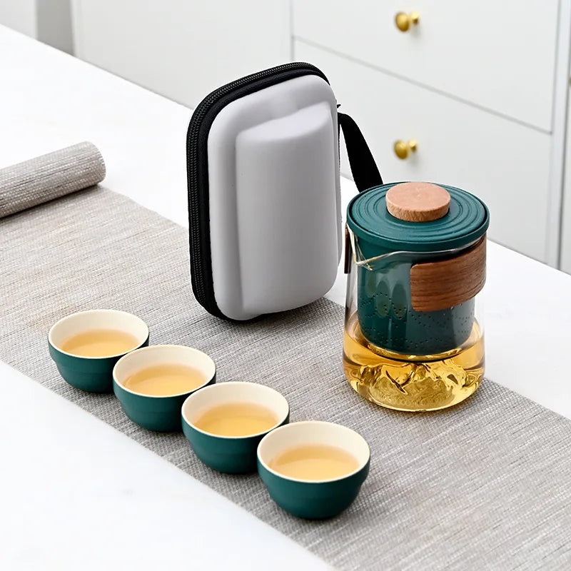 Tea Set Kung Fu Teapot Infuser Tea Set Travel Tea Set Wood Handle Kung Fu Tea Pot with Lid for Traveling Outdoor Picnic Hotel