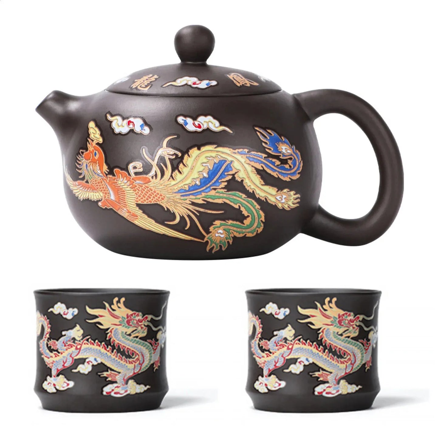 Vintage Dragons Phoenixs Purple Clay Teapot Household KungFu Tea Pot For Brewings Tea 240726