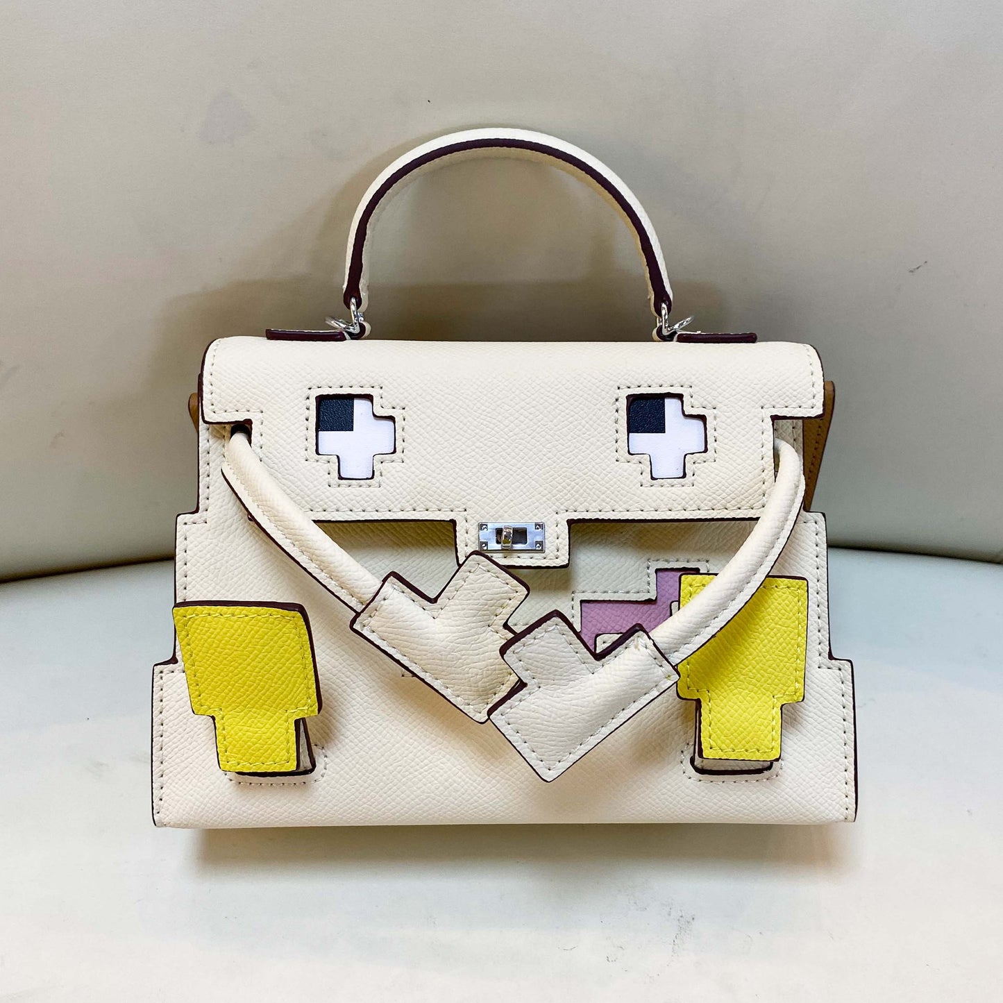 Genuine Leather Mosaic Doll Kelly-Style Bag for Women, Summer Bestseller Niche Designer Top Handle Shoulder Crossbody Purse, Cartoon Print Handbag for Ladies