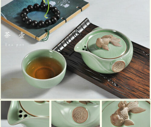 portable tea set porcelain tea pot with infuser gold fish statue on lid tea cups