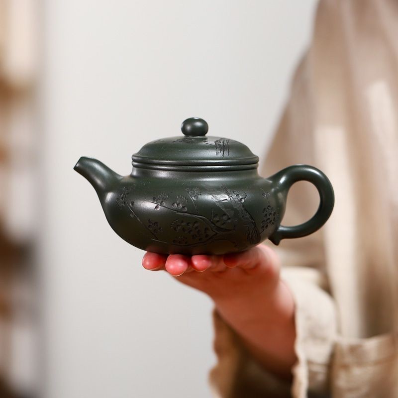 Yixing Zisha Teapot Handmade Green Clay Plum Antique Tea Pot 320ml Kung Fu Tea