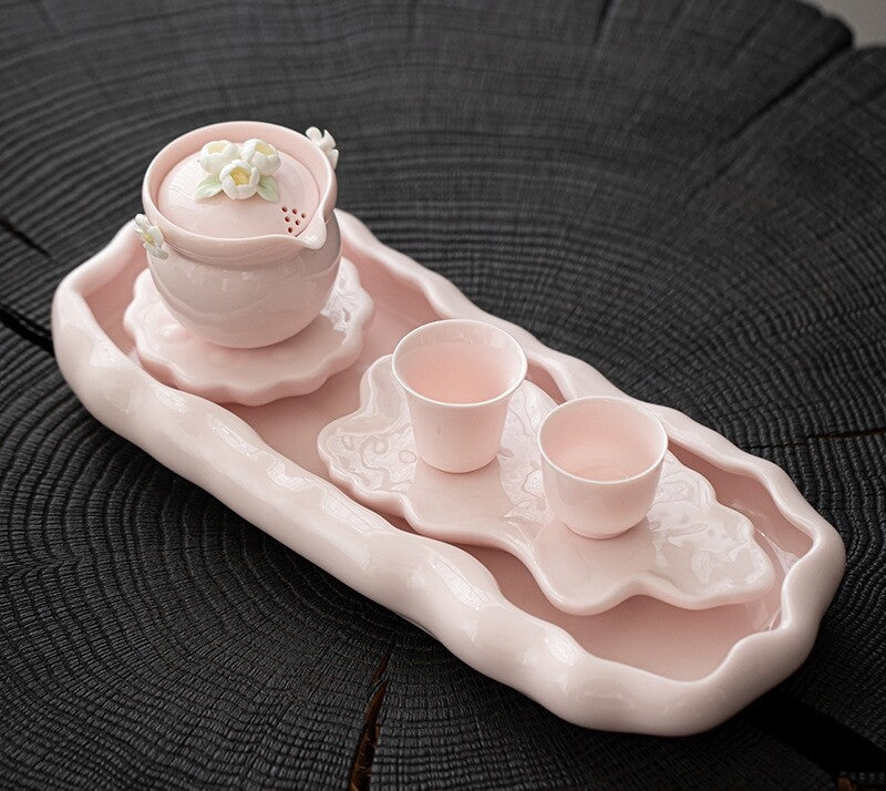 Complete Tea Set For Lady Ceramic Tea Pot Handmade Floral Relief Tea Cup Tray