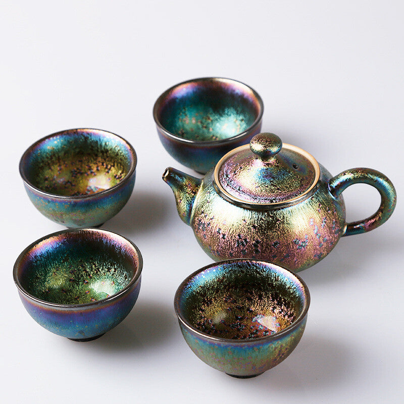 Kiln Change Colorful Peacock Glaze Tea Set Kettle Tea Pot Tea Cups Painted Gold