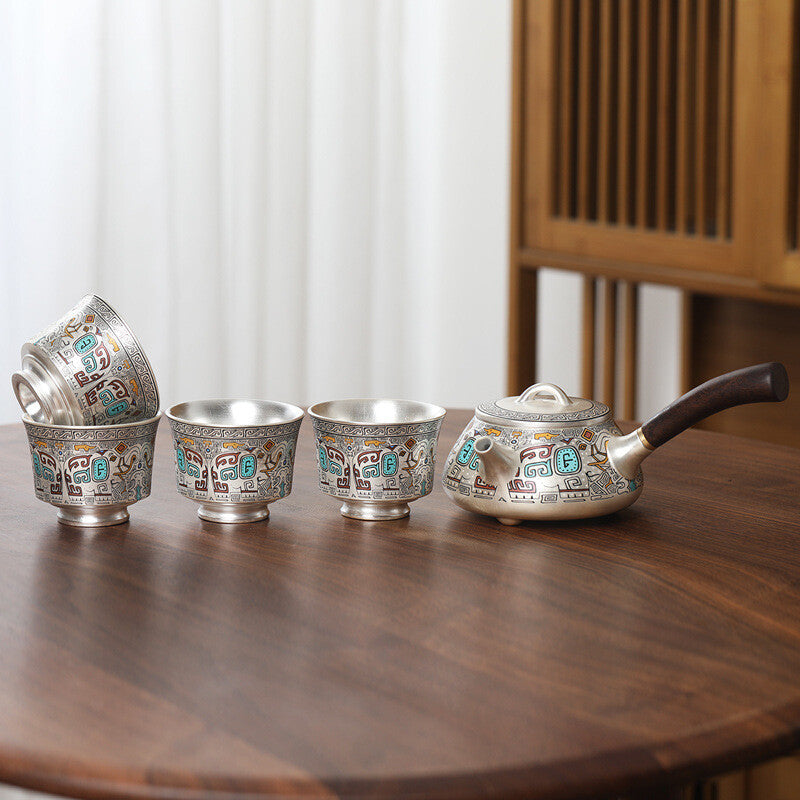Ceramic Sterling Silver Tea Pot Handle Matching Tea Cup Chinese Kungfu Tea Set