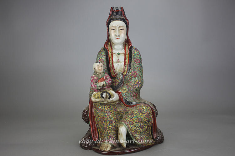 11.7" Old China Famille-rose Porcelain Buddhism Kwan-yin Guan Yin Goddess Statue