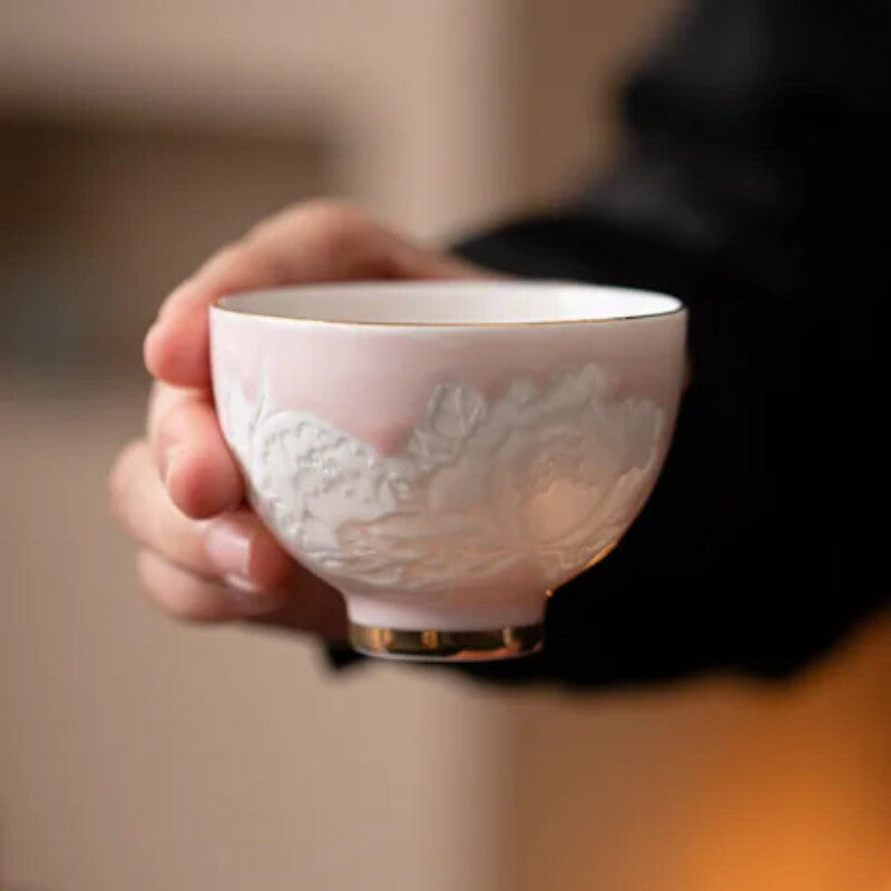 Shadow Carving Flower Teacup Handmade Tea Bowl Portable Travel Personal Tea Set